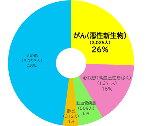 円グラフ：がん（悪性新生物）(2,025人)26% 心疾患（高血圧性を除く）（1,271人）16% 肺炎（316人）4% 脳血管疾患(509人)6% その他（3,793人）48%