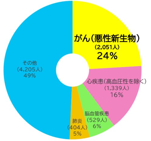 円グラフ：がん（悪性新生物）(2,051人)24%、心疾患（高血圧性を除く）（1,339人）16%、肺炎（404人）5%、脳血管疾患(529人)6%、その他（4,205人）49%