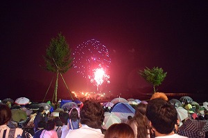 湖上に打ち上げられた花火の写真