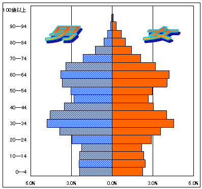 5歳階級別人口ピラミッドグラフ（大野中出張所管区）