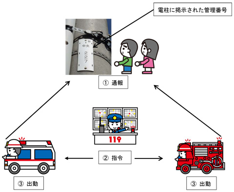 （1）通報　通報をする際に、目印がない場合は、電柱に掲示された管理番号を伝えてください。　（2）指令　（3）出動