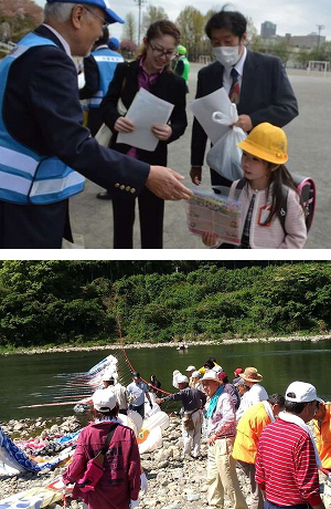 「交通安全キャンペーン」と「泳げ鯉のぼり相模川」の様子