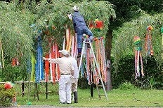 大きな脚立を使って装飾中　写真