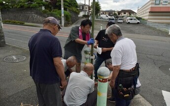 鳩川新橋の信号を挟むようにあるポール2カ所に竹を固定